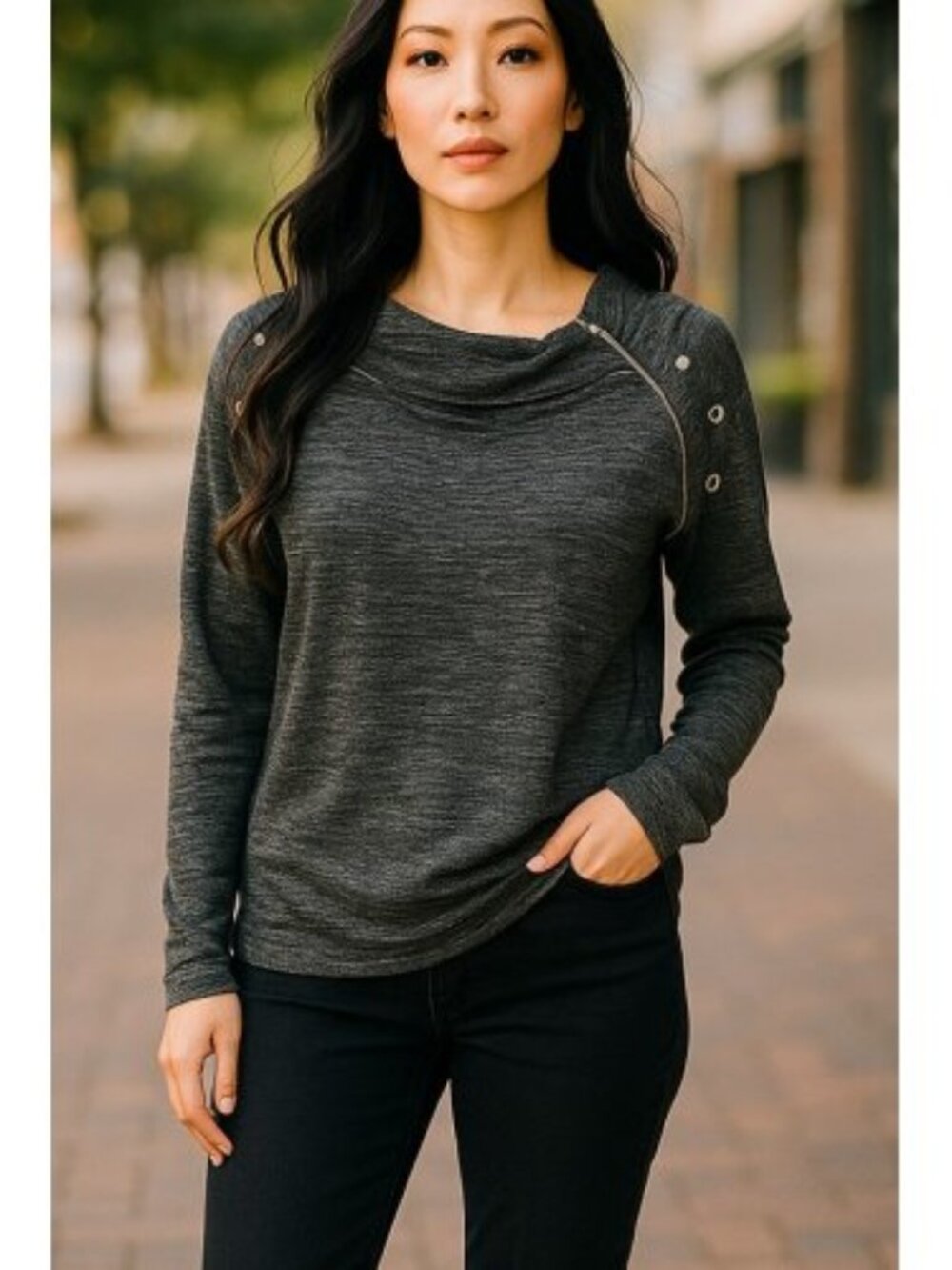 STUDIO 1886 Dark Gray Zip and Metal Ring Accents Long Sleeve Top Ladies L 12-14